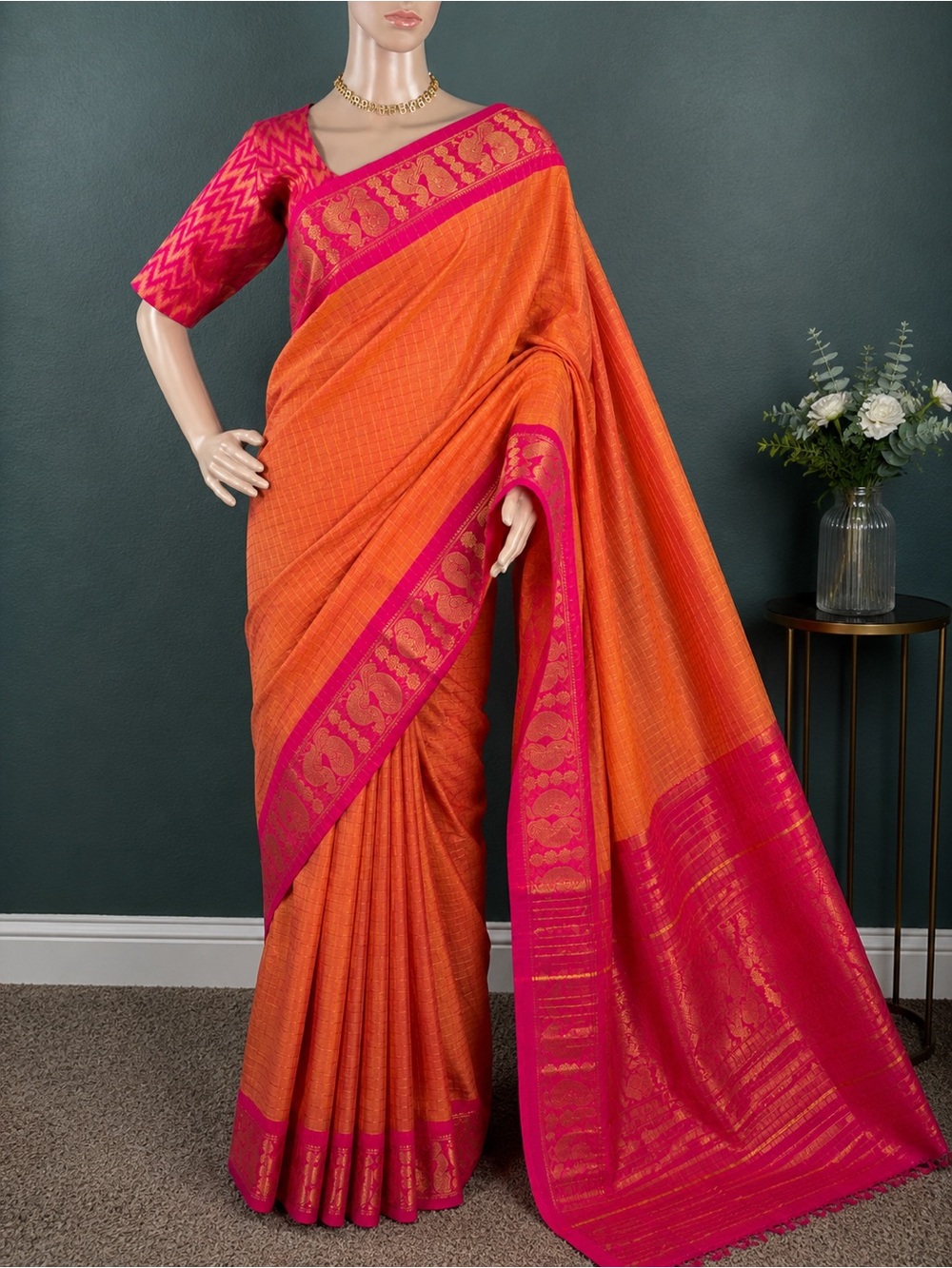 Brand new Chettinadu Cotton saree with stitched blouse (34” - 42”)